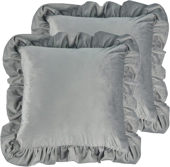 Velvet Ruffle Throw Pillow Covers Couch, Set of 2 Decorative Pillowcases with Ruffles 20x20 Inch Solid Color Shabby Chic Farmhouse Cushion Cover for Living Room Sofa Bed, Light Gray