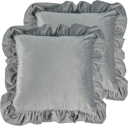Velvet Ruffle Throw Pillow Covers Couch, Set of 2 Decorative Pillowcases with Ruffles 20x20 Inch Solid Color Shabby Chic Farmhouse Cushion Cover for Living Room Sofa Bed, Light Gray