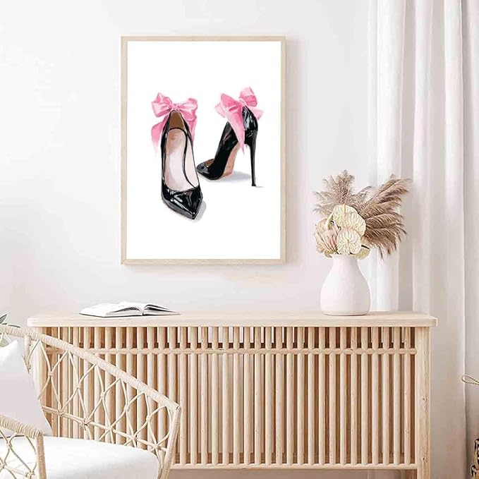 High Heel Canvas Wall Art Pink Heels Picture Pink Bow Picture High Heels Shoe Posters Preppy Vintage Shoes Paintings Girly Trendy Artwork Aesthetic Poster Trendy Pictures Room Decor 16x24inch No Frame