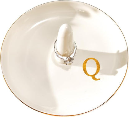 Ceramic Initials Jewelry Tray Ring Dish With Personalized Q-Monogrammed Engagement Wedding Gifts, for Birthday Mother's Day for Women, Ceramic White 4.7" x2.4"