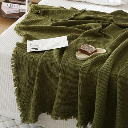 100% Cotton 4-Layer Muslin Blanket with Fringes, 50"x60", Avocado Green Throw Blanket, Ultra-Soft Gauze Blanket, Boho Bedding for All Seasons, Breathable for Couch, Bed(Avocado Green,Throw)