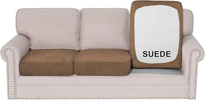 H.VERSAILTEX Individual Couch Cushion Covers Stretch Couch Covers for 3 Cushion Couch Sofa Soft Suede Sofa Seat Covers Washable(3 Piece Sofa Cover,Mocha)