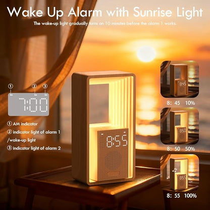 WILIT Digital Alarm Clock, Sunrise Alarm Clock with Nightlight, 9 Sleep Aid Sounds, White Noise Sounds Machine, Dimmable Display,USB Charging Port,Wood Grain Imitation,Gift for Women,Men,Travel