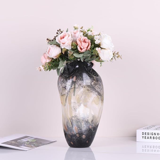 Abstract Art Hand Blown Glass Vase, Black Smoke Glass Vase for Flowers, Elegant Wide Mouth Glass Vase for Centerpieces, Vintage Glass Farmhouse Vase, Unique Modern Vase Decor for Home