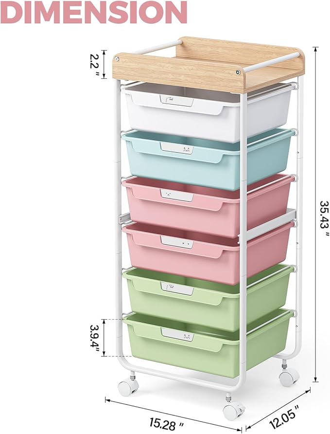 Rolling Storage Utility Cart With 6 Drawers,Art Supply Craft Organizer,Sewing Makeup Organizer And Storage,Office Organization Wooden Tabletop,Colorful