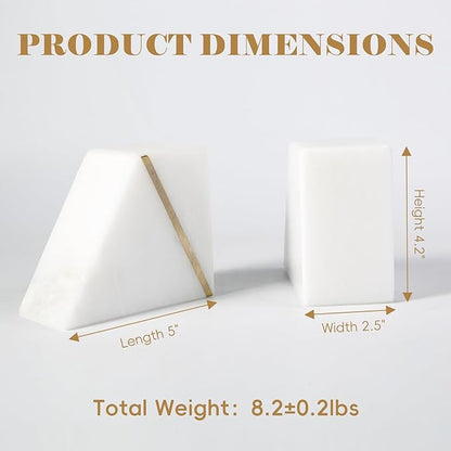 Natural Marble Bookends for Shelves, Decorative Book Ends for Heavy Books, Heavy Duty Mid Century Modern White and Gold Stone Book Holders with Brass Inlay, Unique Bookshelf Stopper Decor, Set of 2