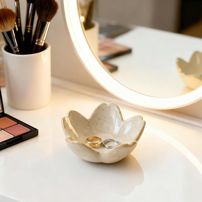 Stone Gray Flower Ceramic Jewelry Tray Bride Ring Dish, Cute Trinket Bowl Jewelry Holder for Vanity/Bathroom/Nightstand Aesthetic Room Decor, Women’s Gift for Christmas/Birthday/Wedding/Housewarming