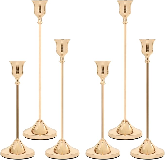 Candlestick Holders 6 PCS, Metal Taper Candle Holder, Gold Candle Holders for Pillar Candles, Vintage Dining Table Centerpiece Decorations for Wedding Party Christmas Halloween Decor