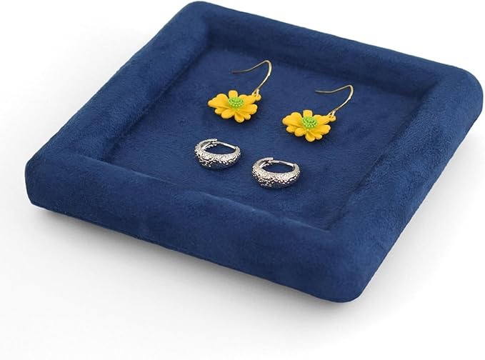 Black Velvet Jewelry Display Tray, Luxury Velvet Ring Holder Showcase for Necklaces Earrings, Jewelry Store Display and Ecommerce Photography Prop, 4.72x4.72 Inches (Blue)