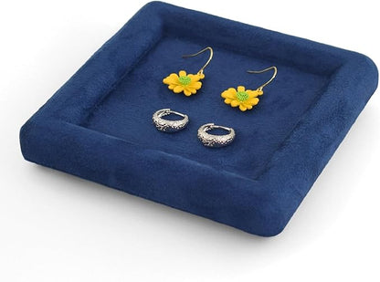 Black Velvet Jewelry Display Tray, Luxury Velvet Ring Holder Showcase for Necklaces Earrings, Jewelry Store Display and Ecommerce Photography Prop, 4.72x4.72 Inches (Blue)