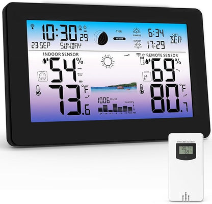 Weather Station Wireless Indoor Outdoor, Digital Thermometer with Accurate Temperature & Humidity, Large Color HD Display with Remote Sensor, Weather Forecast, Atomic Clock, Moon Phase