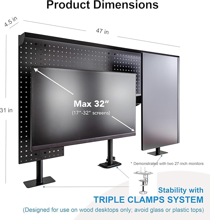 Studio Desk Pegboard with 2 Monitor Mounts Gas Spring Adjustable Arms, Work Bench 47 x 31 inch Heavy Duty Steel Stand Pegboard-Table Shelf Organizer for Workshop, Gaming and Live Streaming Accessories