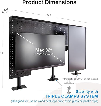 Studio Desk Pegboard with 2 Monitor Mounts Gas Spring Adjustable Arms, Work Bench 47 x 31 inch Heavy Duty Steel Stand Pegboard-Table Shelf Organizer for Workshop, Gaming and Live Streaming Accessories