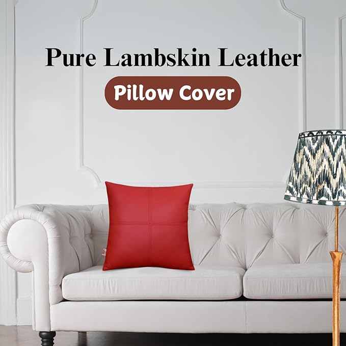Lambskin Leather Pillow Cover, Hand Panel Stitched Leather Decorative Throw Pillow Covers for Couch Sofa Bed Living Room Garden (22x22 Inches, Cherry Red Pack of 1)