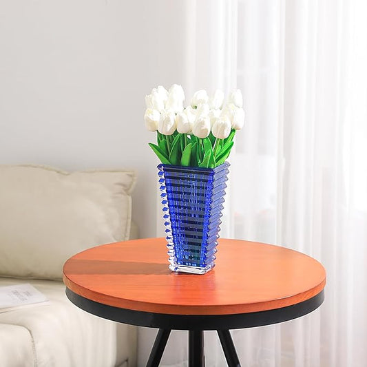 MCMCNCUIU Crystal Vase, Large Crystal Vases for Flowers, Blue Large Flower Vase, Modern Glass Vases for Living Room, Bedroom, Kitchen, Dining Table, Mantle, Wedding, 9 Inches