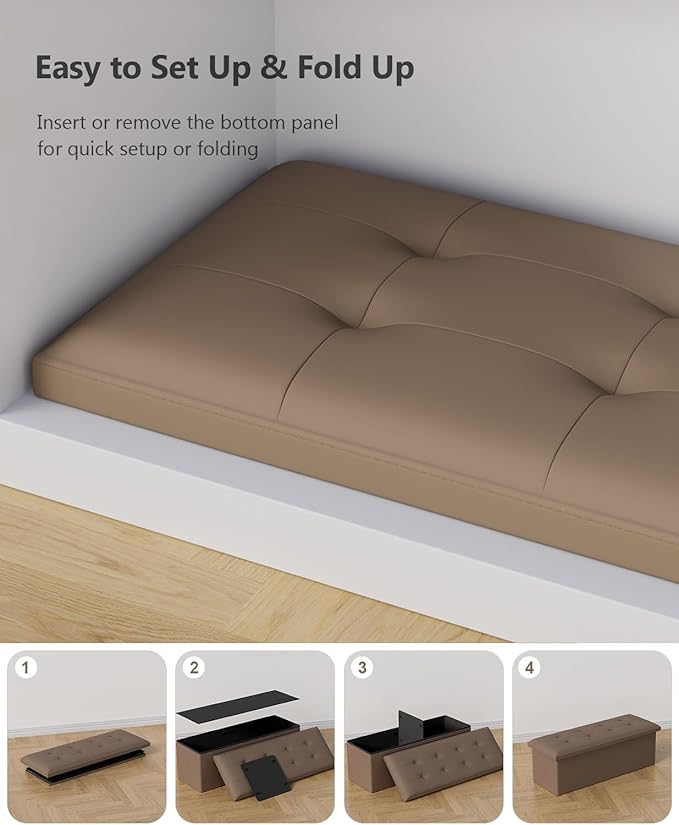 Folding Storage Ottoman Bench, Multi-Functional Ottoman Foot Rest, End of Bed Bench, Storage Chest for Living Room, Bedroom, Hallway, Entryway, Holds Up to 600 lbs (Brown, 43 Inches)