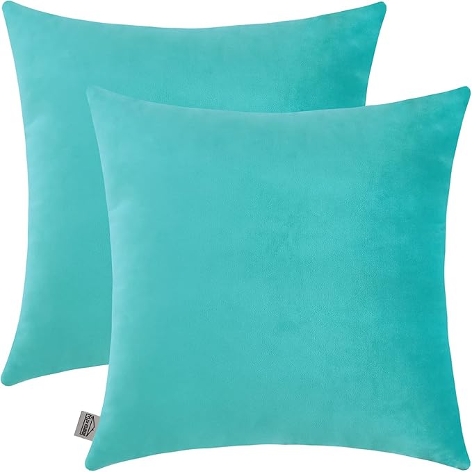 mixeoo Comfy Turquoise Throw Pillow Covers Decorative Square Solid Thick Velvet Super Soft Cushion Cases Home Decor for Sofa Couch Living Room Chair, Set of 2, 16 x 16 Inch