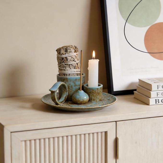 4-in-1Blue Ceramic Palo Santo Burner Holder - Small Incense Burner & Smudge Tray Bowl for Incense Sticks/Cones & Sage - Ideal for Meditation Rooms,Zen and Aromatic Scents - Matches Compatible