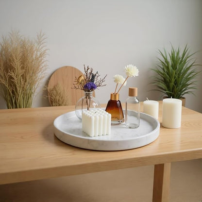 Carrara White Marble Tray Round 10 Inch, Natural Stone Perfume & Dessert Tray, Elegant Serving & Display Plate for Home, Vanity, 2 cm Deep, Non-Slip Base