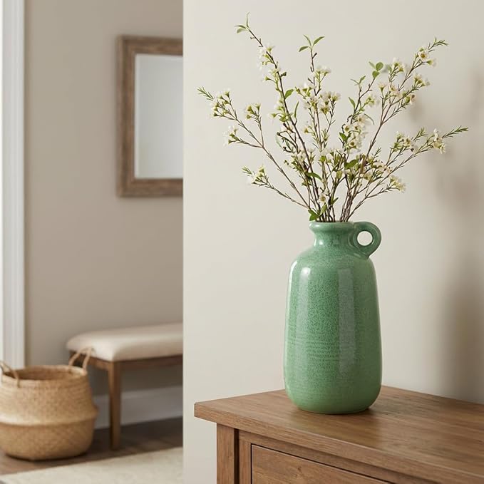 Sunddo Green Ceramic Vase 10 Inch - Modern Decorative Vase with 1 Handle, Table, Shelf Bookshelf, Mantel, Entryway Decor and Centerpieces