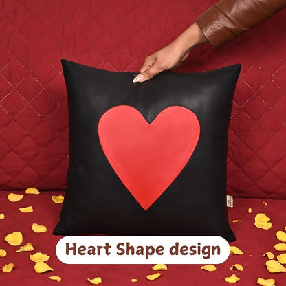 Genuine Lambskin Leather Pillow Cover, 18x18 Inch Case for Lumbar Throw Couch Pillows, Thick & Soft Cushion Covers for Sofa Bed Home Décor (Red Heart & Black Plain Pack of 2)