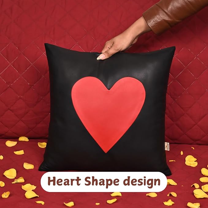 Genuine Lambskin Leather Pillow Cover, 20x20 Inch Case for Lumbar Throw Couch Pillows, Thick & Soft Cushion Covers for Sofa Bed Home Décor (Red Heart & Black Plain Pack of 2)