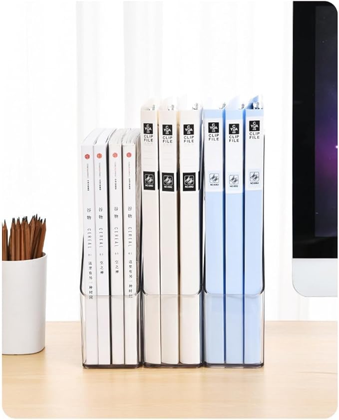 Acrylic Magazine Holder, 4 PCS File Magazine & Book Storage Rack for Office Desk, Clear Book Organizer with 3pcs Silicone Automatic Bookmarks (4)