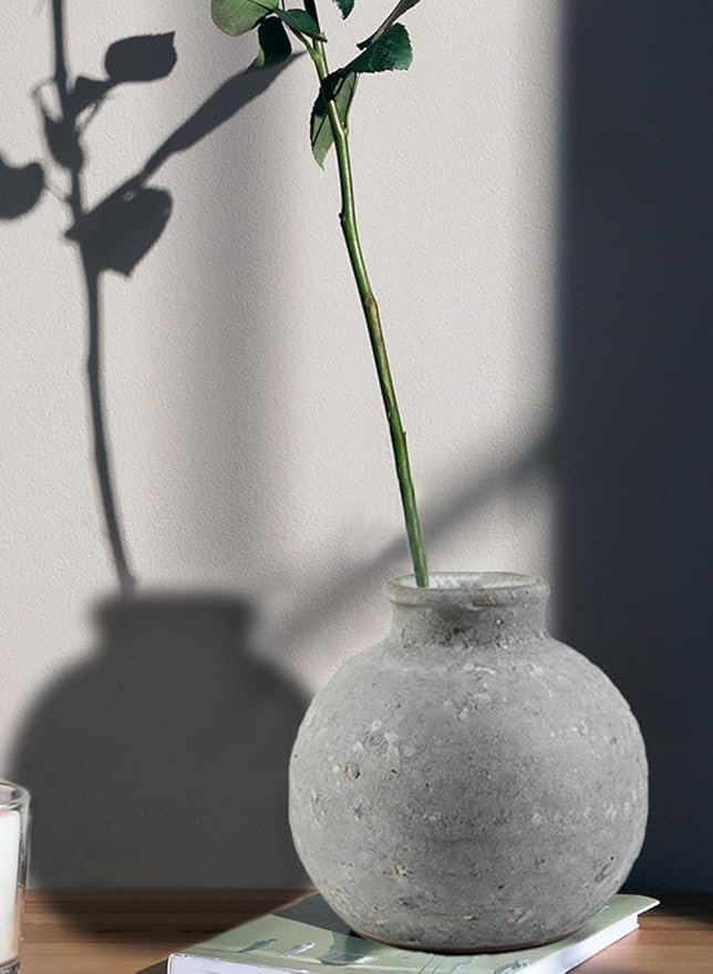 Serene Spaces Living Antique Ashen Ball Cement Vase, Grey Concrete Floral Vase, Home, Office Decor, Table Centerpiece for Vintage Wedding, Anniversary, Birthday, Holiday, 7.5" Diameter & 7" Tall
