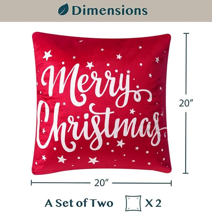 PAVILIA Holiday Throw Pillow Covers 20x20 Set of 2, Decorative Pillow Cases Bed Sofa Couch, Winter Accent Decor Cushion Bedroom Living Room, Velvet Square Euro Sham Covers, Merry Christmas Text Red