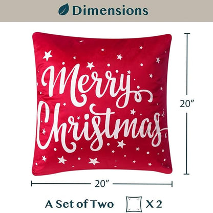 PAVILIA Holiday Throw Pillow Covers 20x20 Set of 2, Decorative Pillow Cases Bed Sofa Couch, Winter Accent Decor Cushion Bedroom Living Room, Velvet Square Euro Sham Covers, Merry Christmas Text Red