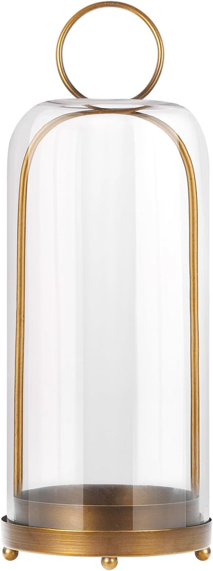 20" High Versatile Modern Metal Hurricane Lantern with Handmade Sturdy Glass Dome in Antique Brass for Pillar Candle & Plants, Industrial, Farmhouse, Shabby Chic (Brass, 7.5"x20")