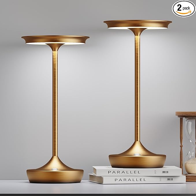 2 Pack LED Rechargeable Cordless Table Lamps, Portable Outdoor Battery Operated 3 Color Stepless Dimming Tables Light with Memory Function for Patio Restaurant Dining Room Bronze