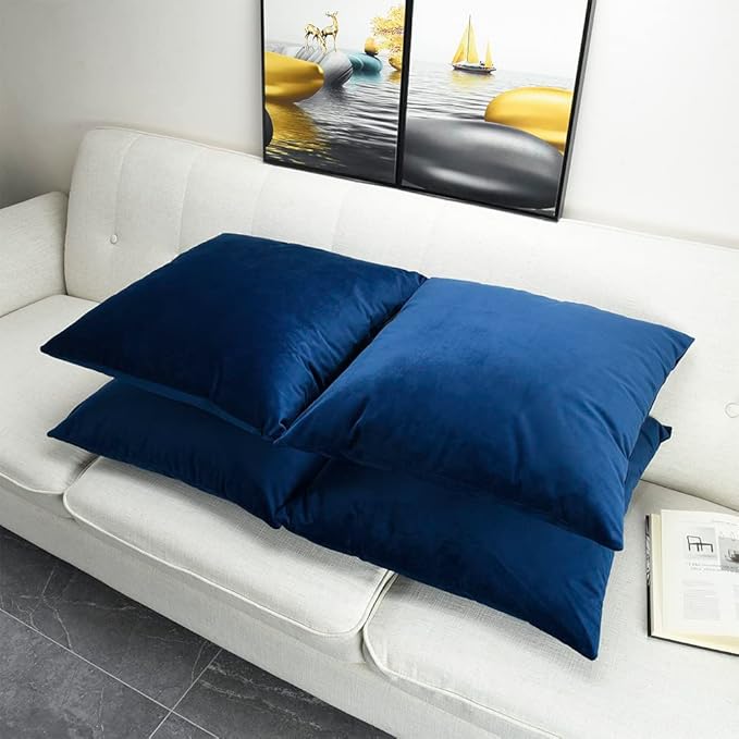 Artaimee Navy Blue Velvet Throw Pillow Covers 22x22 Set of 4 - Soft, Smooth Cushion Covers for Sofa, Couch, Bed, Office & Home Décor