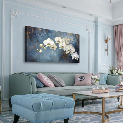 Abstract White Butterfly Orchid Canvas Wall Art for Living room Office Bedroom Flowers Wall Art Print Oil Paintings Modern Blue Gold Rain Mist Pictures Wall Decor Artwork Ready to Hang - 20in * 40inch