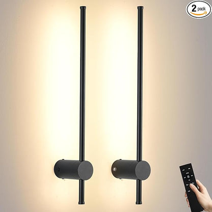LED Wireless Wall Sconce with Remote Control, Dimmable/350° Rotate/Timing/USB Rechargeable Battery Powered Indoor Wall Lamps, 23.6 inch Black Wall Lights Set of Two for Hallway, Living Room, Bedroom