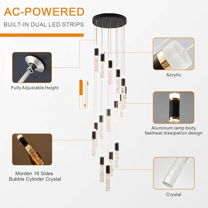 High Ceiling Long Chandelier for Staircase Crystal Drop Light for Living Room Foyer Hallway 3000K-6500K