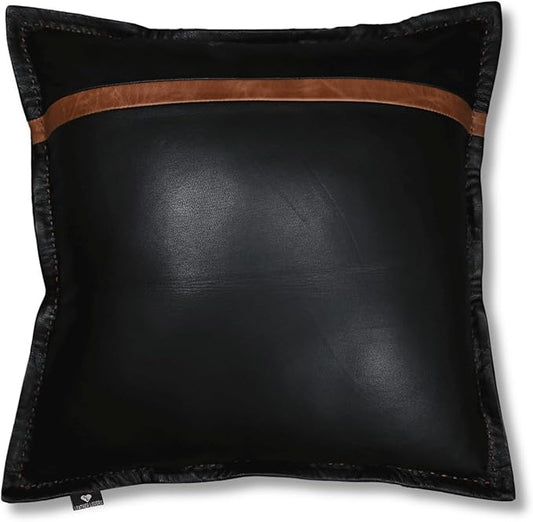 LL LEATHER LOVERS Genuine Lambskin Leather Pillow Cover, 18x18 Inch Case for Lumbar Throw Couch Pillows, Thick & Soft Cushion Covers for Sofa Bed Home Décor (Black & Tan Box Pack of 1)
