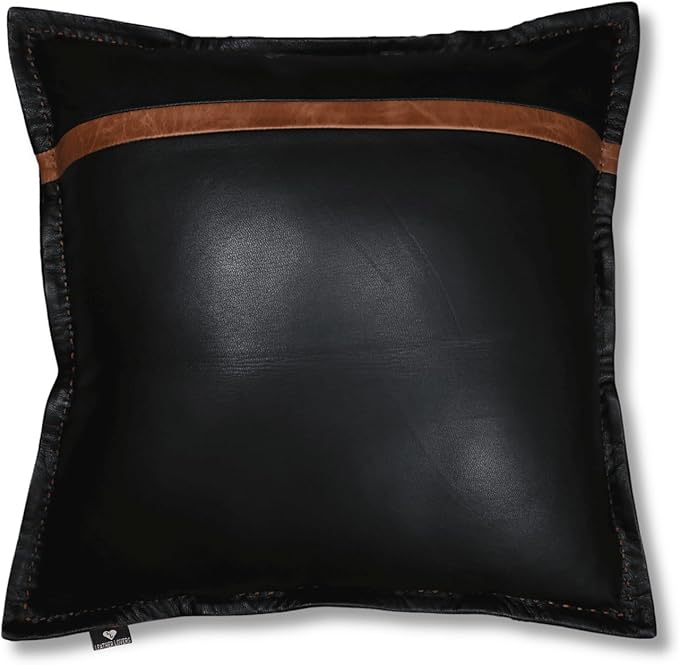 LL LEATHER LOVERS Genuine Lambskin Leather Pillow Cover, 14x14 Inch Case for Lumbar Throw Couch Pillows, Thick & Soft Cushion Covers for Sofa Bed Home Décor (Black & Tan Box Pack of 1)
