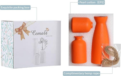 CEMABT Ceramic Orange Vases Set of 3 Small Flower Vases for Decor, Modern Rustic Farmhouse Home Decor, Decorative Vases for Pampas Grass,Idea Shelf,Table,Bookshelf,Entryway- Distressed Decor