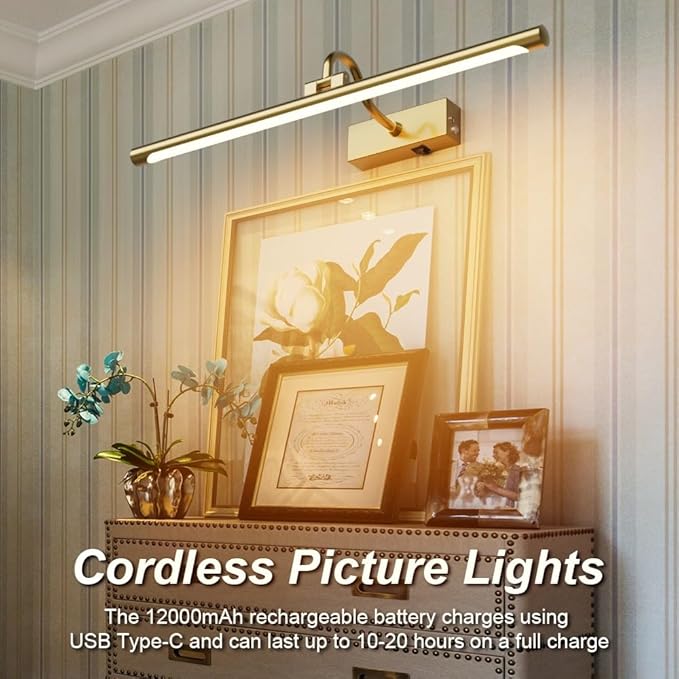 Aipsun 23.6" Brass Picture Lights for Wall Rechargeable,12000mAh Battery Operated Art Light for Paintings,3CCT Dimmable, Rotatable Gallery Light for Pictures Display
