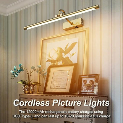 Aipsun 23.6" Brass Picture Lights for Wall Rechargeable,12000mAh Battery Operated Art Light for Paintings,3CCT Dimmable, Rotatable Gallery Light for Pictures Display