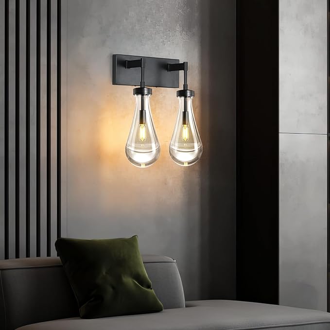Raindrop Wall Sconces Black Crystal Sconces Wall Decor Modern Brass Lighting Glass Bathroom Sconces Indoor Vanity Light Wall Lamp for Bedroom Living Room Stair(2-Light)