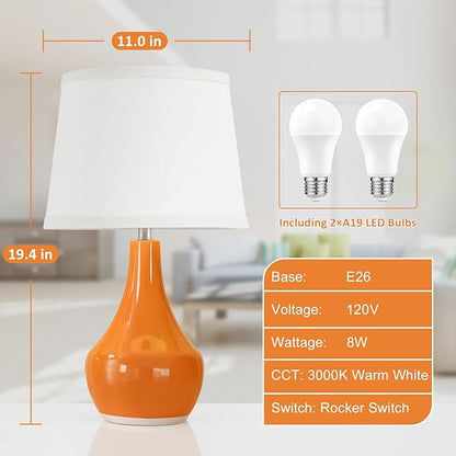 Seealle Modern Ceramic Table Lamps for Night Stands - Bedside Lamps Set of 2 for Nightstand,Orange Bedroom Lamp for Living Room Cute Desk End Table Office Guest Room Dresser Rocker Swtich