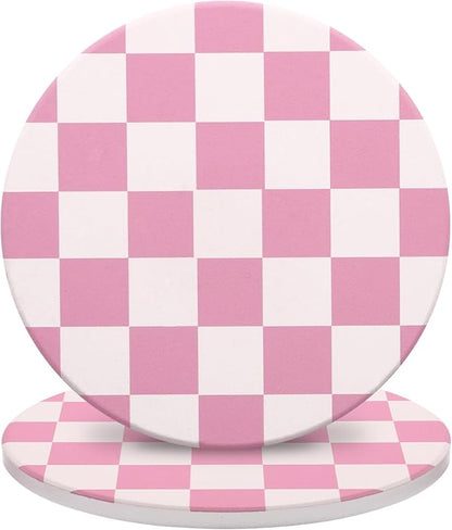 2 Pack Ceramic Absorbent Coasters for Drinks, Heat Resistant Drink Coasters for Desk, Pink Coaster Set for Coffee Table, Non-Slip Cup Coaster with Cork Backing, Posavasos for Kitchen Home Decor Gifts