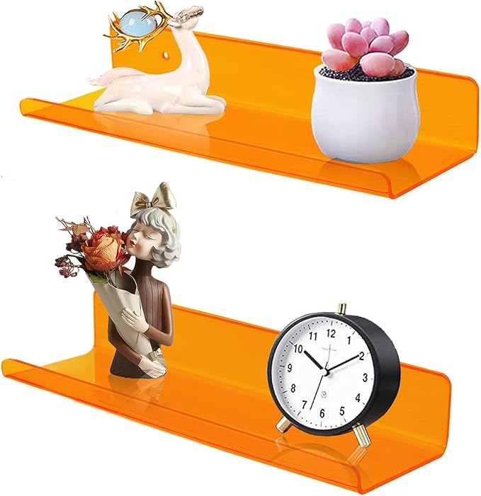 ROYALITA Small Acrylic Shelves Wall Mounted | Set of 2 | 12 Inches | Wall Hanging Plant Display Shelves, Room Decor Floating Wall Shelves for Gaming Room Bedroom, Living Room, Office, Orange