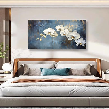 Abstract White Butterfly Orchid Canvas Wall Art for Living room Office Bedroom Flowers Wall Art Print Oil Paintings Modern Blue Gold Rain Mist Pictures Wall Decor Artwork Ready to Hang - 70in * 35inch
