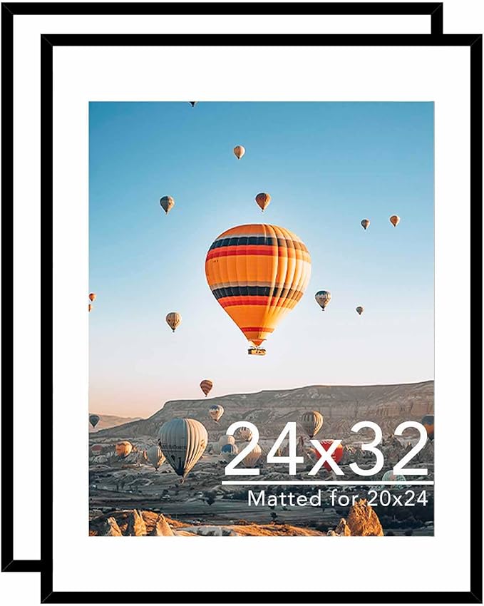 24x32 Picture Frame with 20x24 Mat Set of 2, Display Photo 20x24 with Mat or 24 x 32 Without Mat, Wall Hanging Large 24 by 32 Poster Frame with Plexiglass, 2 Pack, Black