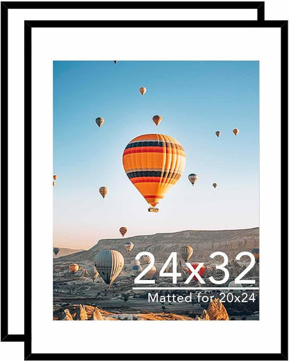 24x32 Picture Frame with 20x24 Mat Set of 2, Display Photo 20x24 with Mat or 24 x 32 Without Mat, Wall Hanging Large 24 by 32 Poster Frame with Plexiglass, 2 Pack, Black