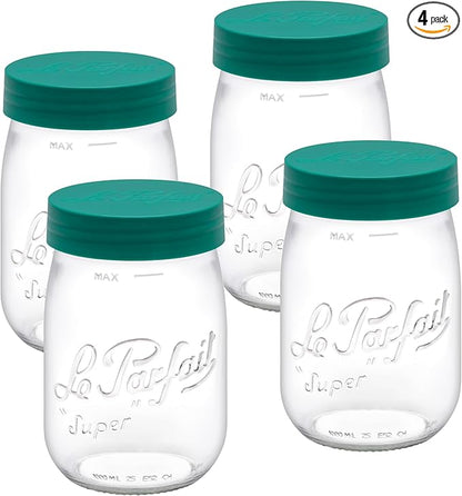 Le Parfait Screw Top Jar Wide Mouth French Glass Jar | Ideal for Food and Soup Storage, Canning, Flour, Brown Sugar, and other Baking Supplies (1L/32oz, Pack of 4, Pine)