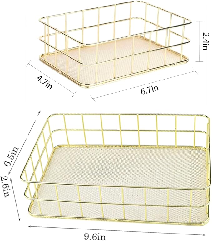 Two Small Gold Wire Basket - 9.6x6.7x2.8 、6.8*4.8*2.3inch ,Metal Wire Mesh Storage Basket for Home Organization | Ideal for Desk, Laundry, Wedding Bathroom & Cosmetic Stations